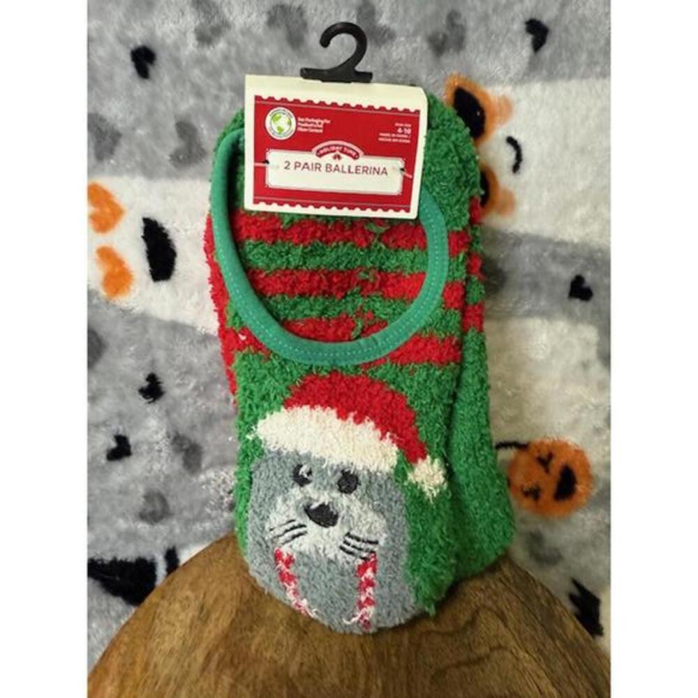 Holiday Fuzzy Ballerina Socks 2 Pair Set Cat Christmas NWT Size 4-10